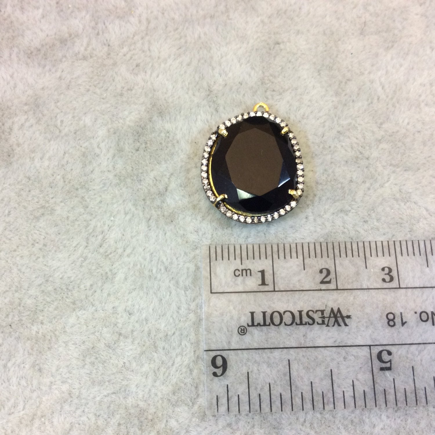 Gold Finish Faceted CZ Rimmed Transparent Black Onyx Freeform Pear Shaped Bezel Pendant - Measures 17mm x 18mm - Sold Individually