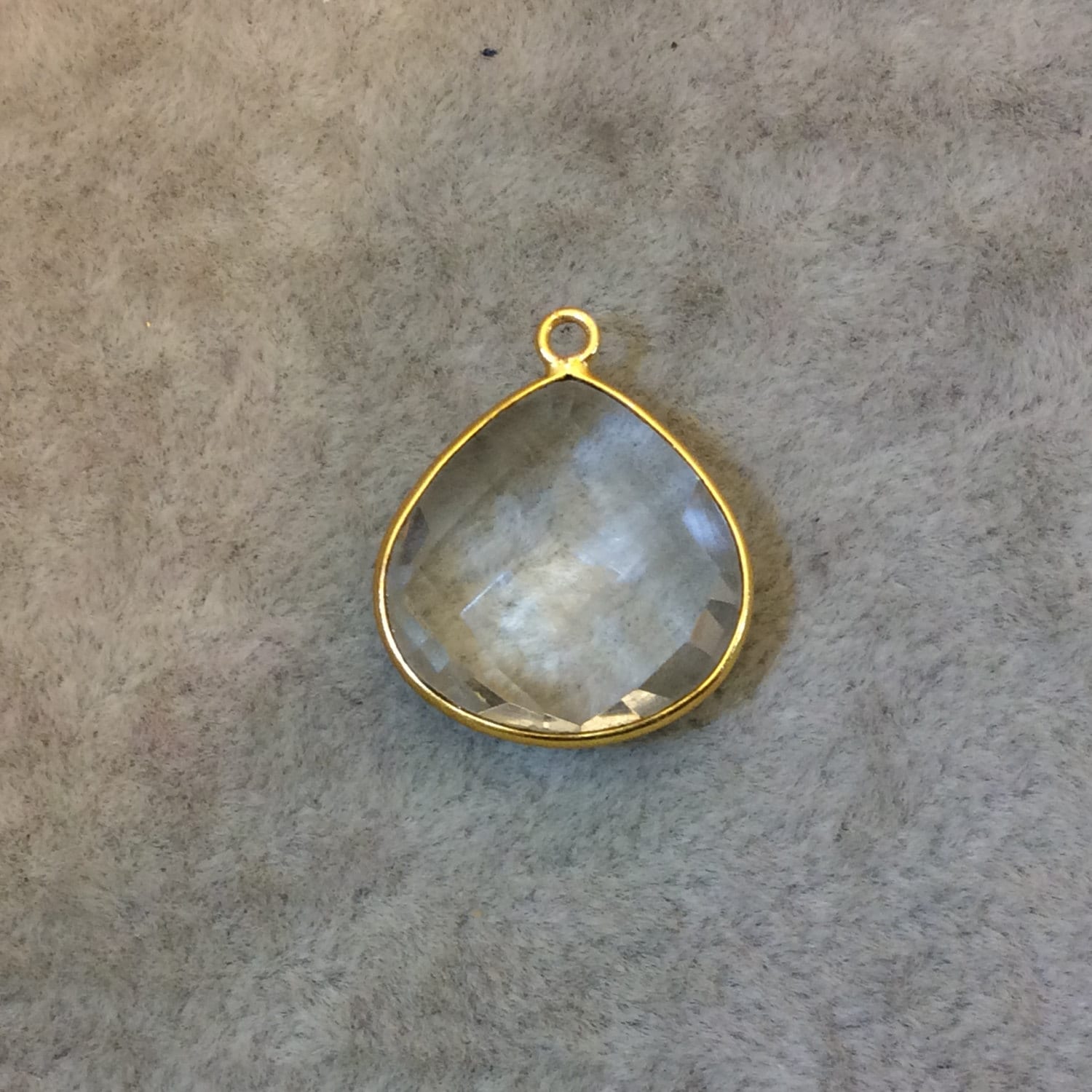 Gold Plated Faceted Clear Hydro (Lab Created) Quartz Heart/Teardrop Shaped Bezel Pendant - Measuring 18mm x 18mm - Sold Individually