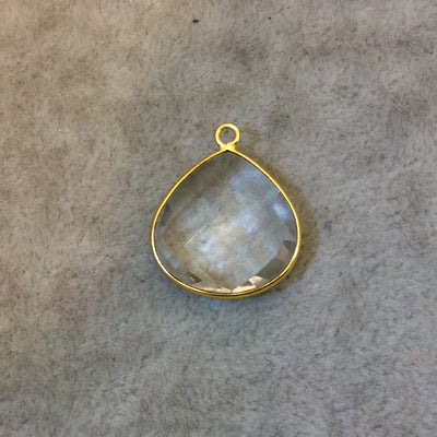 Gold Plated Faceted Clear Hydro (Lab Created) Quartz Heart/Teardrop Shaped Bezel Pendant - Measuring 18mm x 18mm - Sold Individually
