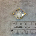 Gold Finish Faceted Clear Quartz Diamond Shaped Bezel Two Ring Connector Component - Measuring 18mm x 18mm - Natural Semi-precious Gemstone