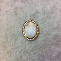 Gold Finish Faceted CZ Rimmed Natural Moonstone Oval Shaped Bezel Pendant Component - Measures 19mm x 25mm - Sold Individually, Random