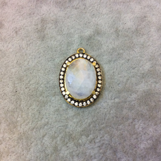 Gold Finish Faceted CZ Rimmed Natural Moonstone Oval Shaped Bezel Pendant Component - Measures 19mm x 25mm - Sold Individually, Random