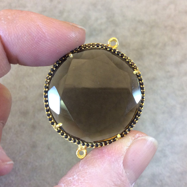 Gold Finish Faceted CZ Rimmed Smoky Quartz Round Shaped Bezel Connector Component - Measures 31mm x 31mm - Sold Individually