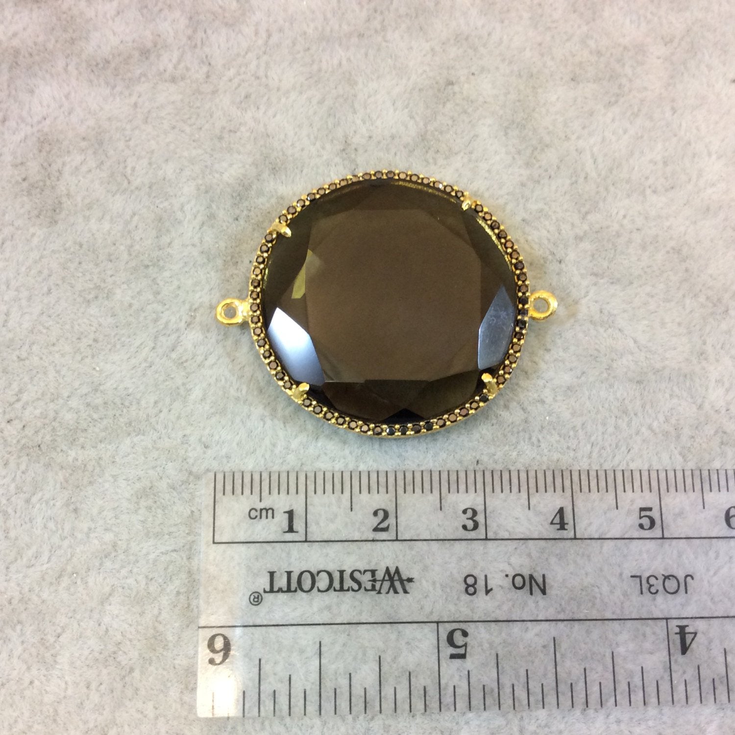 Gold Finish Faceted CZ Rimmed Smoky Quartz Round Shaped Bezel Connector Component - Measures 31mm x 31mm - Sold Individually