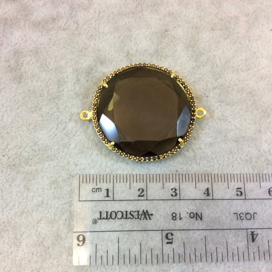 Gold Finish Faceted CZ Rimmed Smoky Quartz Round Shaped Bezel Connector Component - Measures 31mm x 31mm - Sold Individually