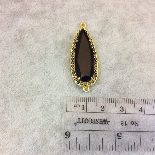 Gold Finish Faceted CZ Rimmed Black Onyx Teardrop Shaped Bezel Connector Component - Measures 14mm x 34mm - Sold Individually