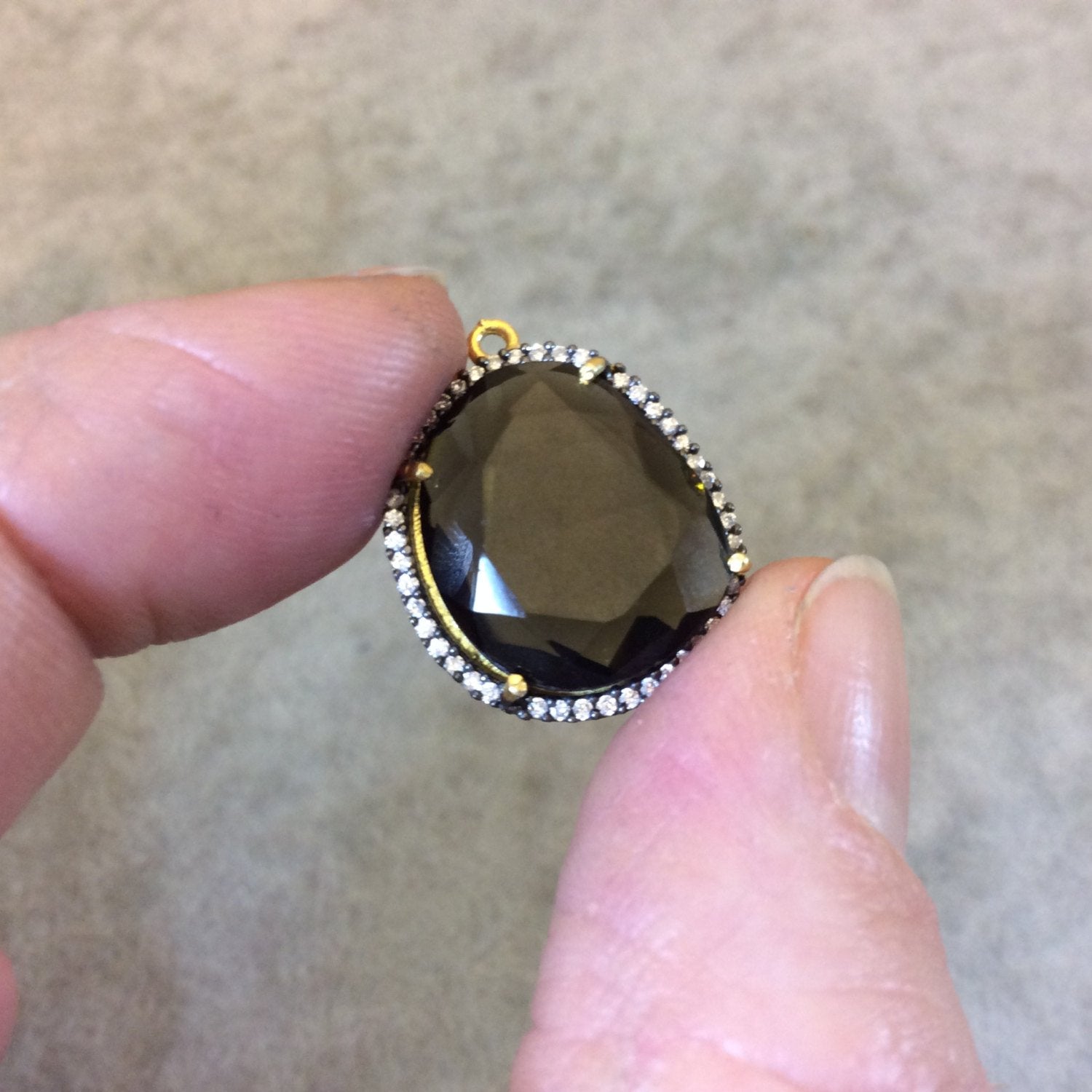 Gold Finish Faceted CZ Rimmed Transparent Smoky Quartz Freeform Pear Shaped Bezel Pendant - Measures 17mm x 18mm - Sold Individually