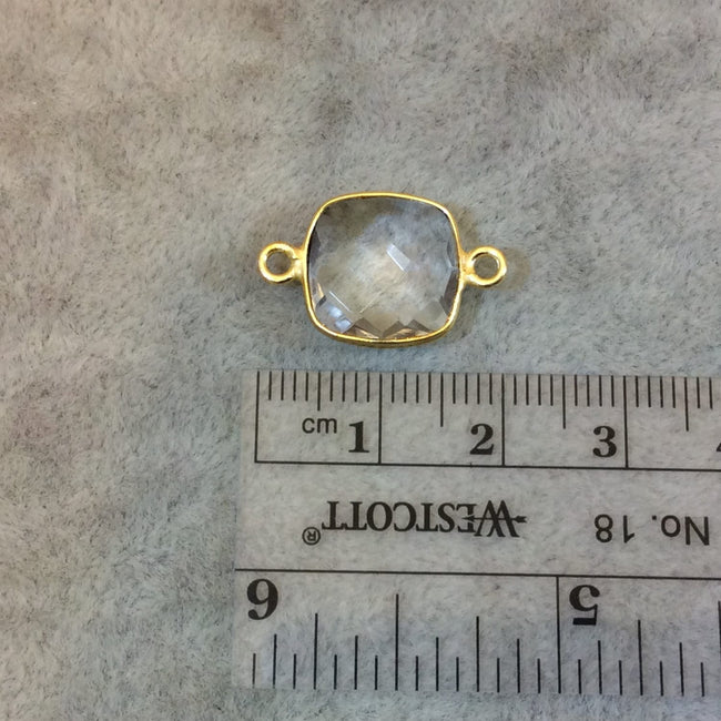 Gold Finish Faceted Clear Quartz Square Bezel Two Ring Connector Component - Measuring 15mm x 15mm - Natural Semi-precious Gemstone