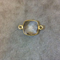 Gold Finish Faceted Clear Quartz Square Bezel Two Ring Connector Component - Measuring 12mm x 12mm - Natural Semi-precious Gemstone