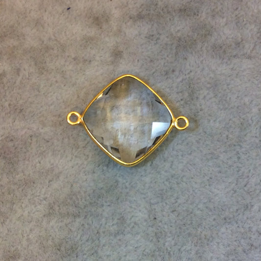 Gold Finish Faceted Clear Quartz Diamond Shaped Bezel Two Ring Connector Component - Measuring 18mm x 18mm - Natural Semi-precious Gemstone