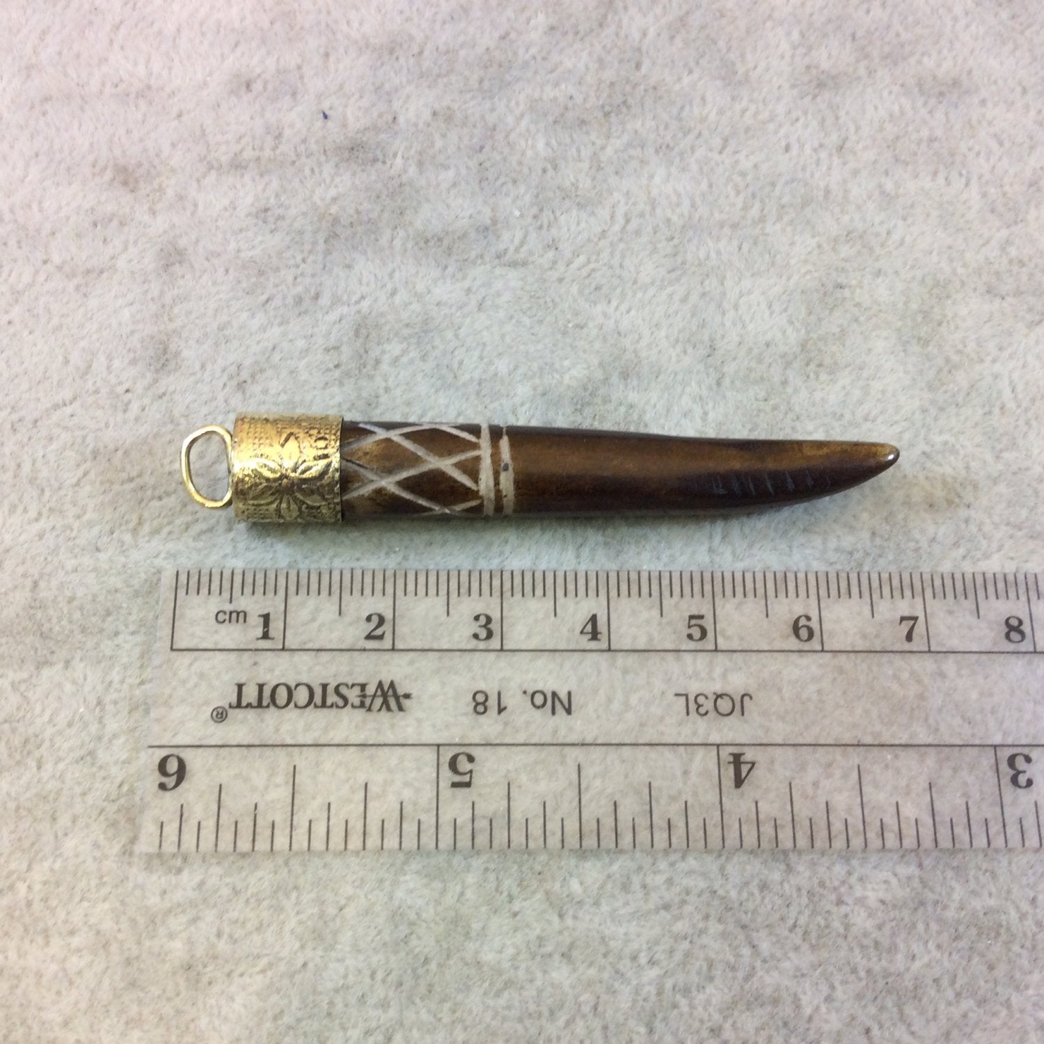 2.5" Dark Brown Bone Spike/Tusk Pendant with Carved "X" Designs and Gold Floral Cap - Measuring 8mm x 65mm Approx - Sold Individually(BL 13)