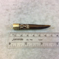 2.5" Dark Brown Bone Spike/Tusk Pendant with Carved "X" Designs and Gold Floral Cap - Measuring 8mm x 65mm Approx - Sold Individually(BL 13)