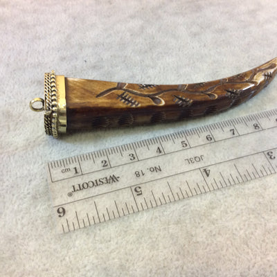 4&quot; Carved (Style B) Square Sided Brown Bone Tusk Pendant with Dotted Gold Cap - Measuring 17mm x 20mm x 112mm, Approx. - Sold Individually