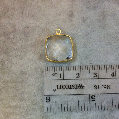 Gold Plated Faceted Clear Hydro (Lab Created) Quartz Square Shaped Bezel Pendant - Measuring 15mm x 15mm - Sold Individually