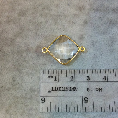 Gold Finish Faceted Clear Quartz Diamond Shaped Bezel Two Ring Connector Component - Measuring 15mm x 15mm - Natural Semi-precious Gemstone