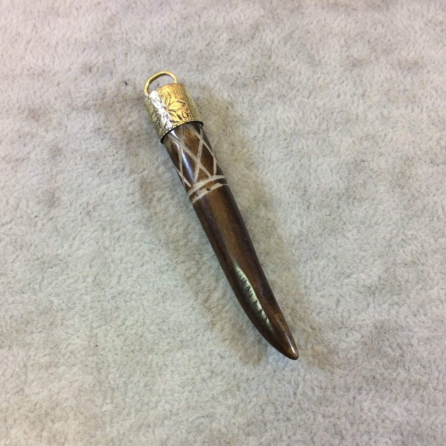 2.5" Dark Brown Bone Spike/Tusk Pendant with Carved "X" Designs and Gold Floral Cap - Measuring 8mm x 65mm Approx - Sold Individually(BL 13)