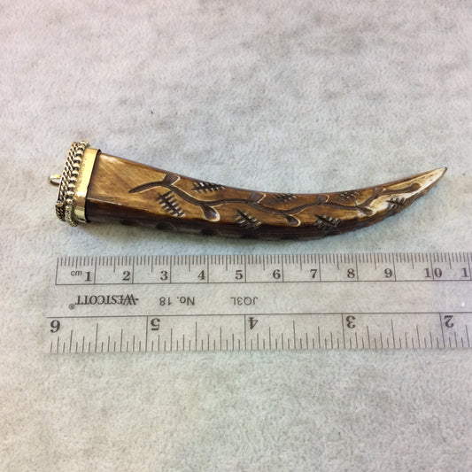 4" Carved (Style B) Square Sided Brown Bone Tusk Pendant with Dotted Gold Cap - Measuring 17mm x 20mm x 112mm, Approx. - Sold Individually