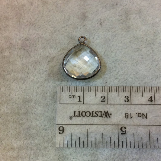 Gunmetal Plated Faceted Clear Hydro (Lab Created) Quartz Heart/Teardrop Shaped Bezel Pendant - Measuring 15mm x 15mm - Sold Individually