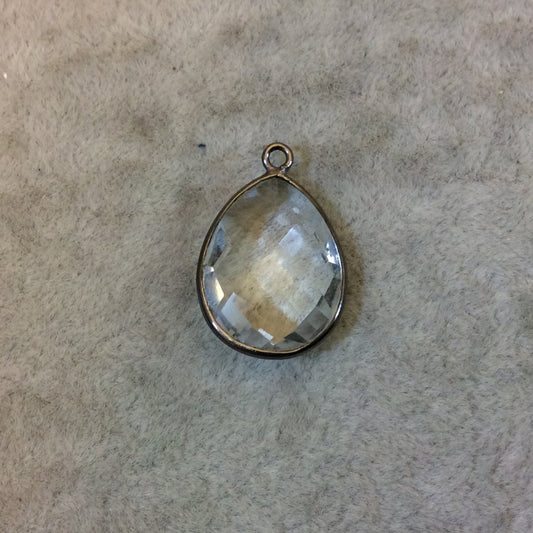 Gunmetal Plated Faceted Clear Hydro (Lab Created) Quartz Pear/Teardrop Shaped Bezel Pendant - Measuring 15mm x 21mm - Sold Individually