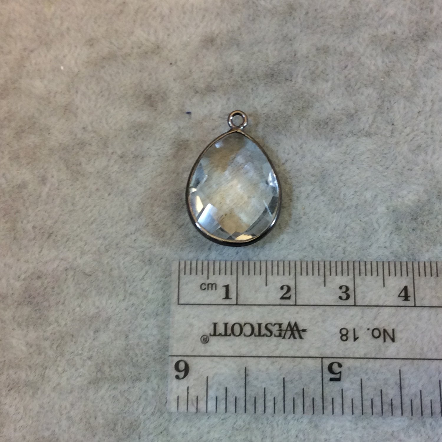 Gunmetal Plated Faceted Clear Hydro (Lab Created) Quartz Pear/Teardrop Shaped Bezel Pendant - Measuring 15mm x 21mm - Sold Individually