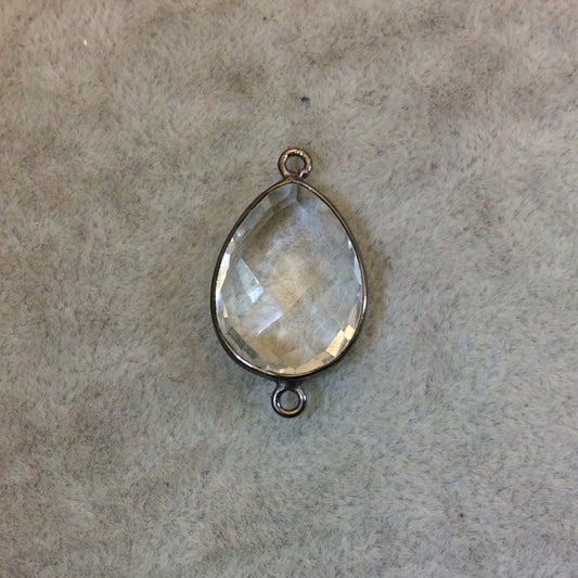 Gunmetal Plated Faceted Clear Hydro (Lab Created) Quartz Pear/Teardrop Shaped Bezel Connector - Measuring 15mm x 21mm - Sold Individually