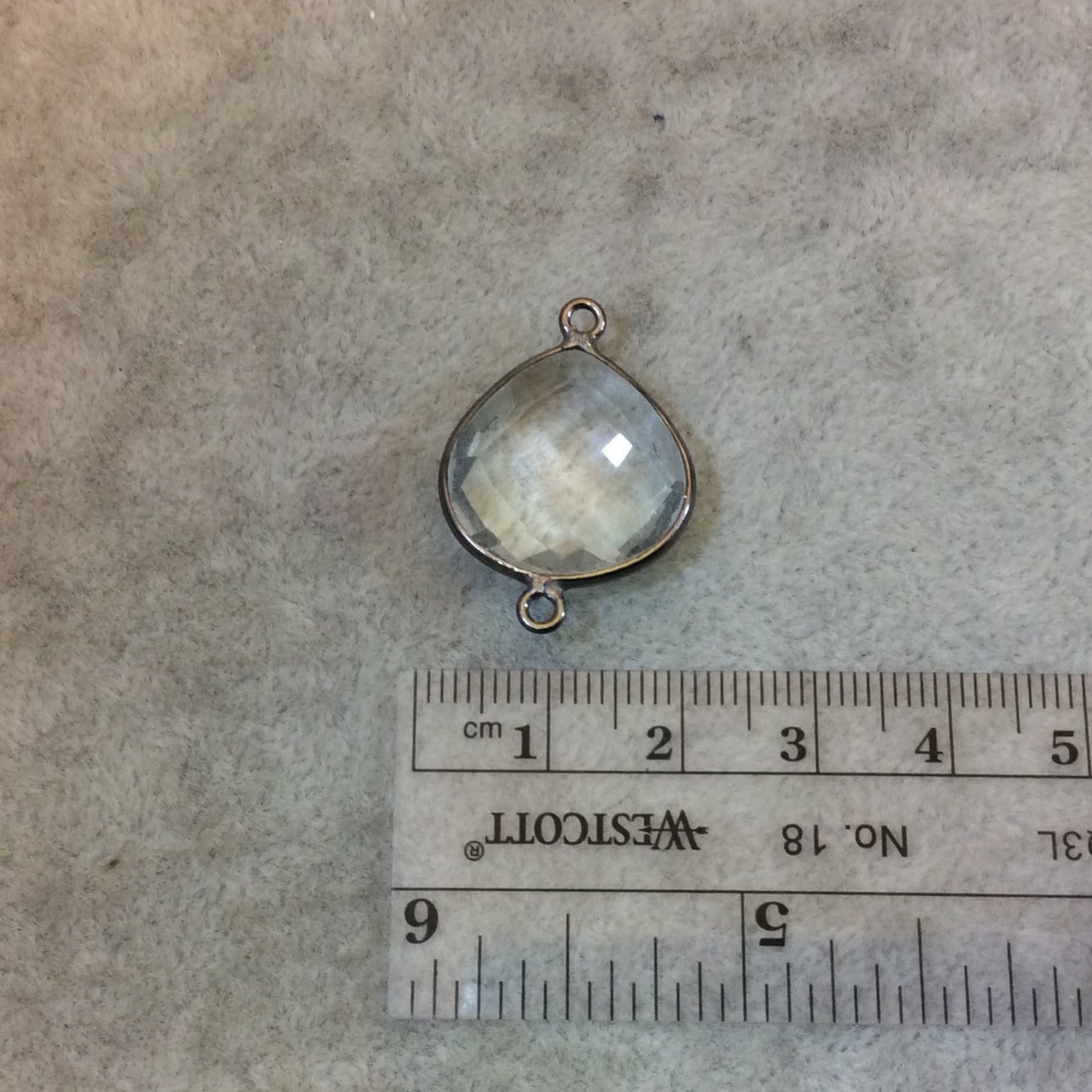 Gunmetal Plated Faceted Clear Hydro (Lab Created) Quartz Heart/Teardrop Shaped Bezel Connector - Measuring 18mm x 18mm - Sold Individually