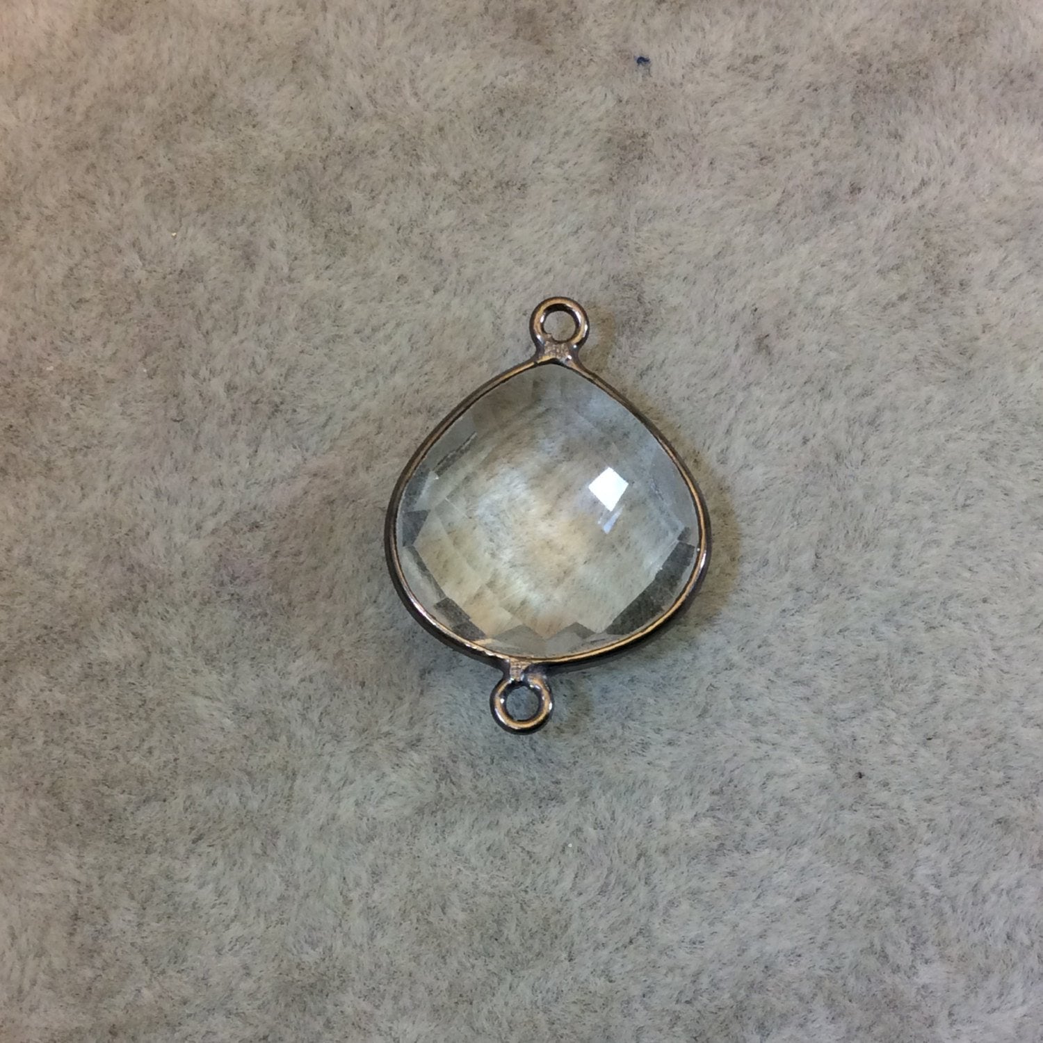 Gunmetal Plated Faceted Clear Hydro (Lab Created) Quartz Heart/Teardrop Shaped Bezel Connector - Measuring 18mm x 18mm - Sold Individually