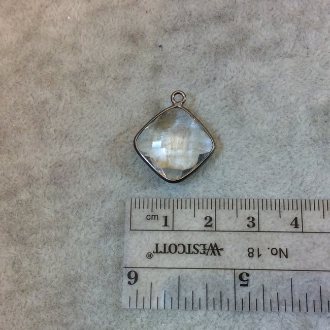 Gunmetal Plated Faceted Clear Hydro (Lab Created) Quartz Diamond Shaped Bezel Pendant - Measuring 15mm x 15mm - Sold Individually