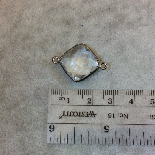 Gunmetal Finish Faceted Clear Quartz Diamond Shaped Bezel Connector Component - Measuring 15mm x 15mm - Natural Semi-precious Gemstone