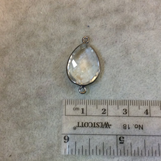 Gunmetal Plated Faceted Clear Hydro (Lab Created) Quartz Pear/Teardrop Shaped Bezel Connector - Measuring 15mm x 21mm - Sold Individually