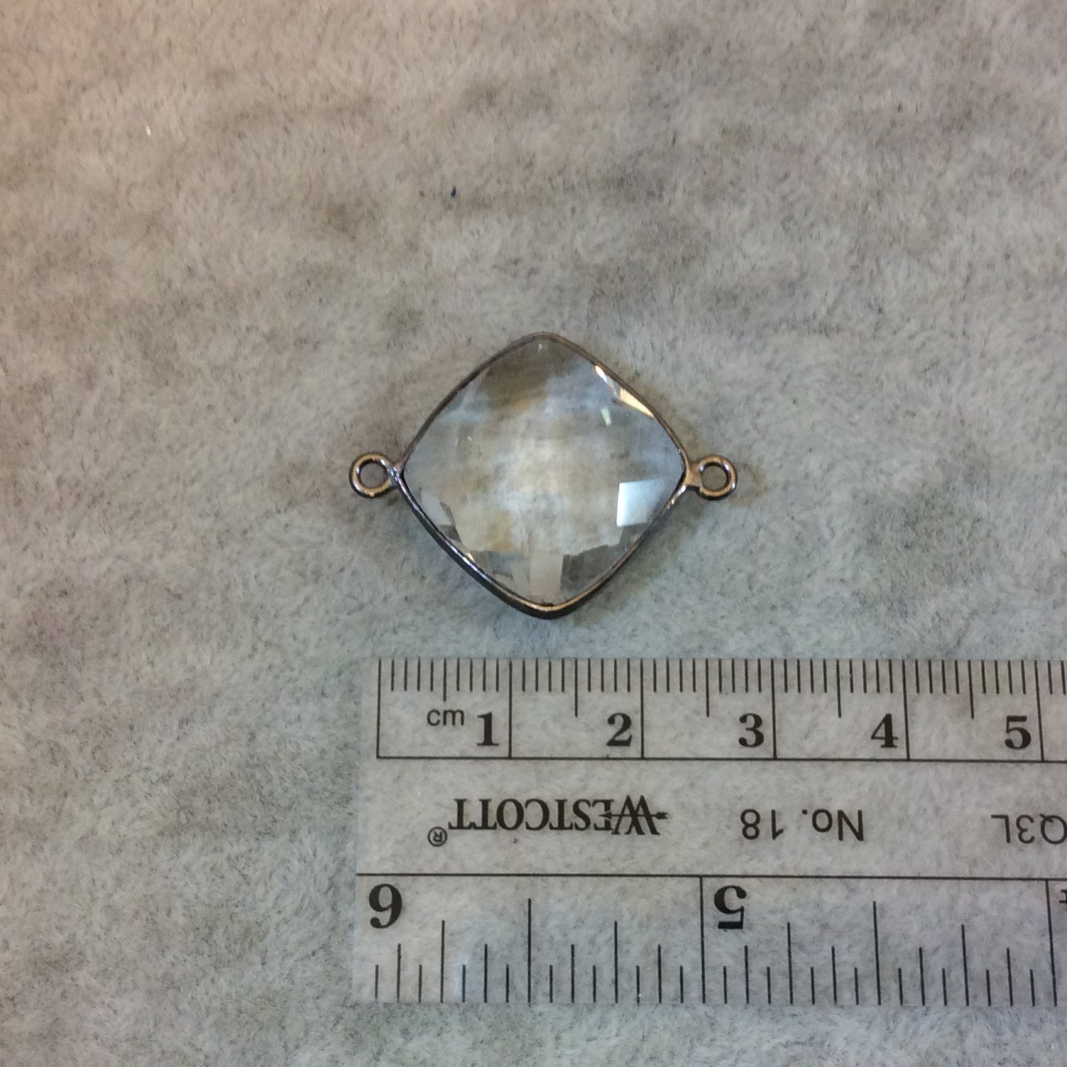 Gunmetal Plated Faceted Clear Hydro (Lab Created) Quartz Diamond Shaped Bezel Connector - Measuring 18mm x 18mm - Sold Individually
