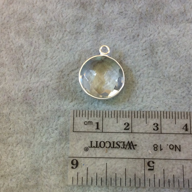 Silver Finish Faceted Clear Quartz Round/Coin Shaped Bezel Pendant Component - Measuring 15mm x 15mm - Natural Gemstone - Sold Individually