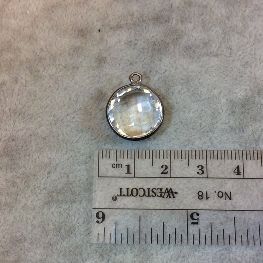 Gunmetal Plated Faceted Clear Hydro (Lab Created) Quartz Round/Coin Shaped Bezel Pendant - Measuring 15mm x 15mm - Sold Individually