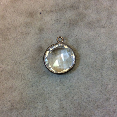 Gunmetal Plated Faceted Clear Hydro (Lab Created) Quartz Round/Coin Shaped Bezel Pendant - Measuring 15mm x 15mm - Sold Individually