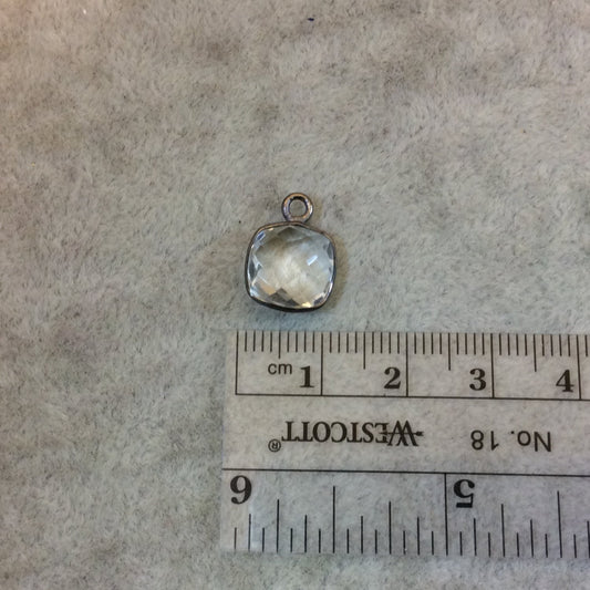 Gunmetal Plated Faceted Clear Hydro (Lab Created) Quartz Square Shaped Bezel Pendant - Measuring 10mm x 10mm - Sold Individually