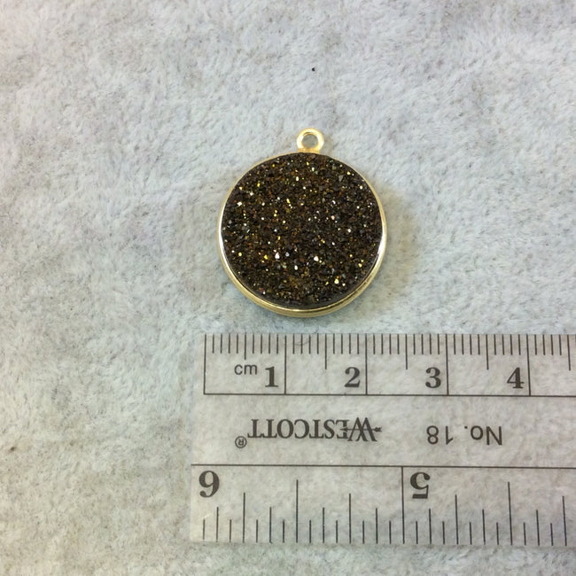 Gold Finish Deep Gold/Bronze Round/Coin Shaped Natural Druzy Agate Bezel Pendant Component - Measures 20mm x 20mm - Sold Individually