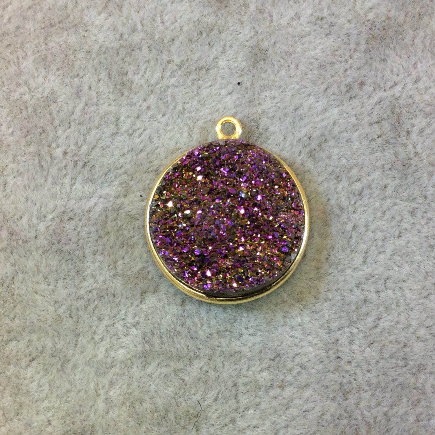 Gold Finish Lavender/Purple Round/Coin Shaped Natural Druzy Agate Bezel Pendant Component - Measures 20mm x 20mm - Sold Individually