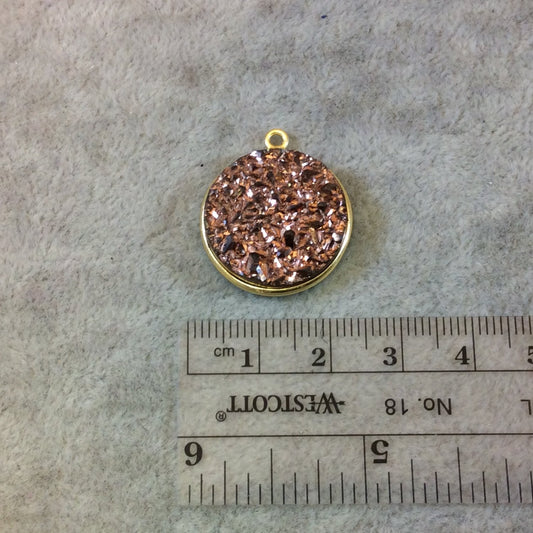 Gold Finish Peach/Brown Colored Round/Coin Shaped Natural Druzy Agate Bezel Pendant Component - Measures 20mm x 20mm - Sold Individually