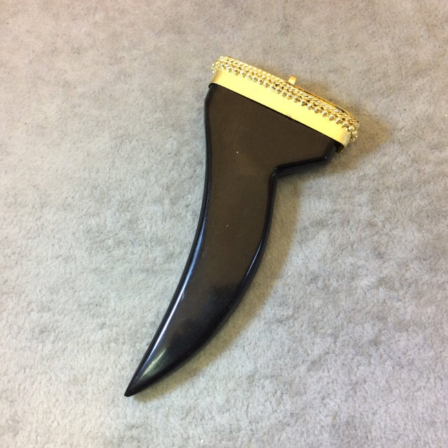 SALE - 4" Long Flat Natural Carved Black Horn Antler/Tusk Pendant with Bright Gold Dotted Cap- Measuring 43mm x 110mm, Approx.