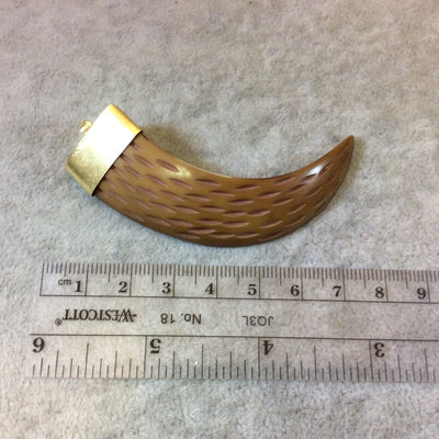 SALE - 2.5" Claw Shaped Brown Acrylic Pendant with Carved Notches and Bright Gold Finish Cap - Measuring 18mm x 72mm, Approx.