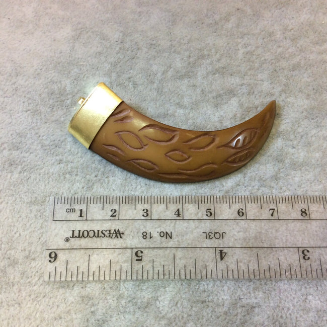 SALE - 2.5" Claw Shaped Brown Acrylic Pendant with Carved Leaves and Bright Gold Finish Cap - Measuring 18mm x 72mm, Approx.