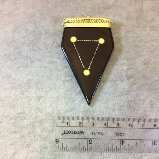 SALE 3" Jet Black Pointed Arrow Shaped Natural Horn Pendant with Gold Line/Dot Inlay and Dotted Gold Cap - Measuring 43mm x 75mm