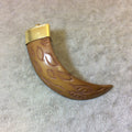 SALE - 2.5" Claw Shaped Brown Acrylic Pendant with Carved Leaves and Bright Gold Finish Cap - Measuring 18mm x 72mm, Approx.