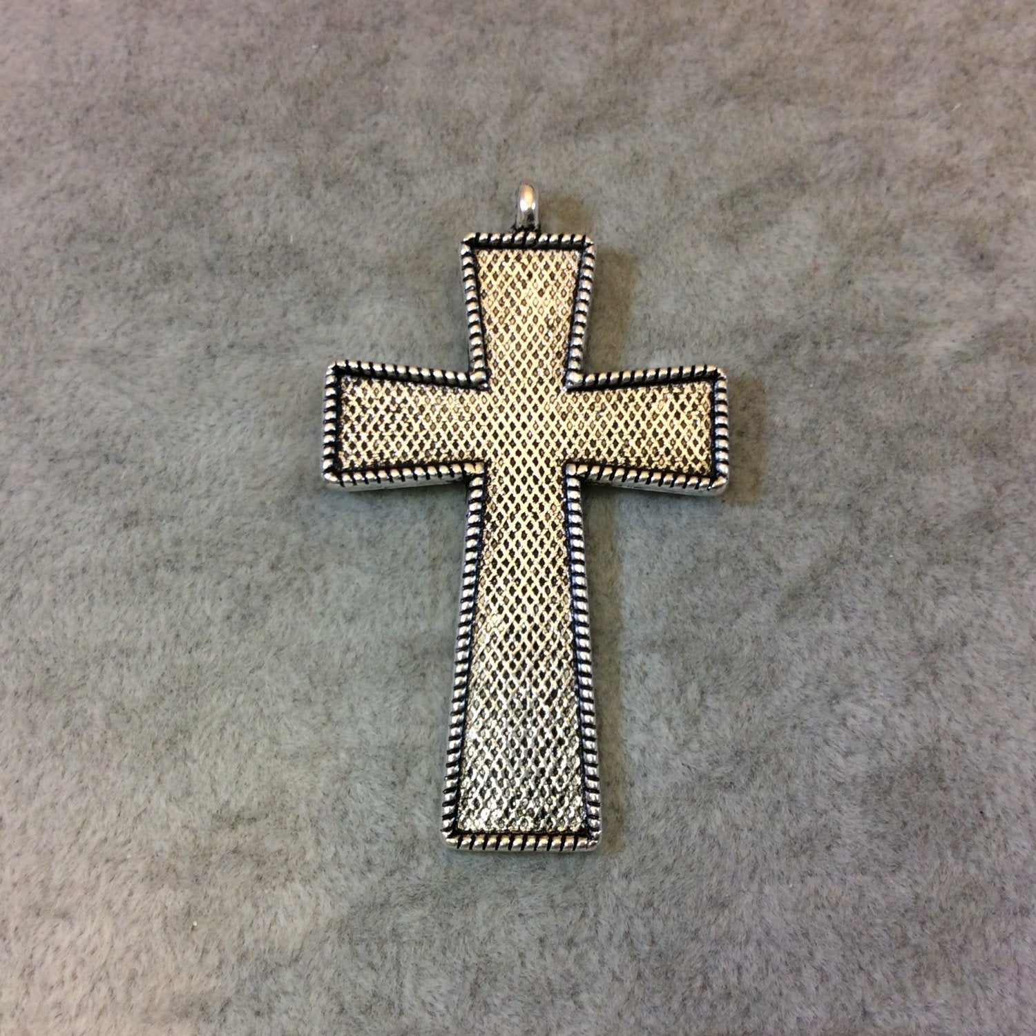 2" Long Tibetan Silver Mesh Stamped/Textured Cross Shaped Focal Pendant - 33mm x 50mm with Attached Bail - Sold Individually (A19137)