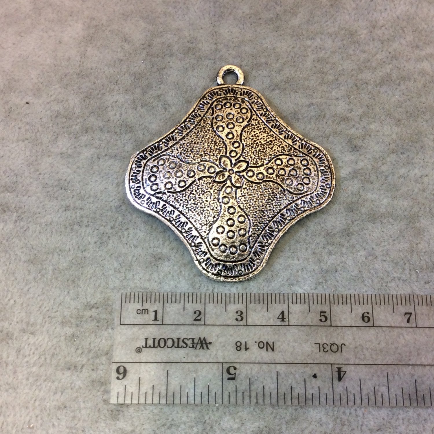 2" Long Tibetan Silver Floral Stamped/Textured Diamond Shaped Focal Pendant - Measuring 53mm x 53mm with Attached Ring - Sold Individually
