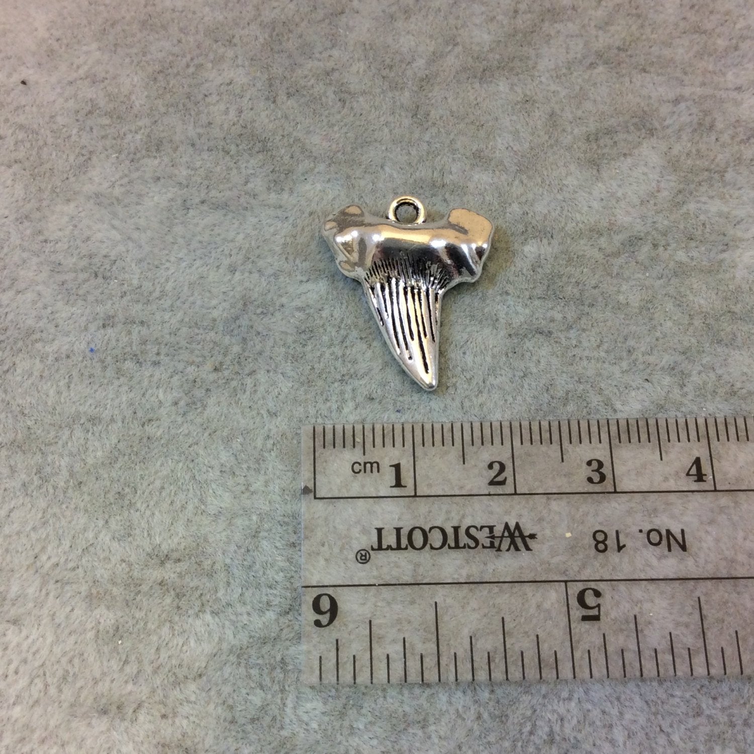 1" Long Tibetan Silver Detailed Shark Tooth Shaped Focal Charm/Pendant - Measuring 19mm x 22mm with Attached Ring - Sold Individually