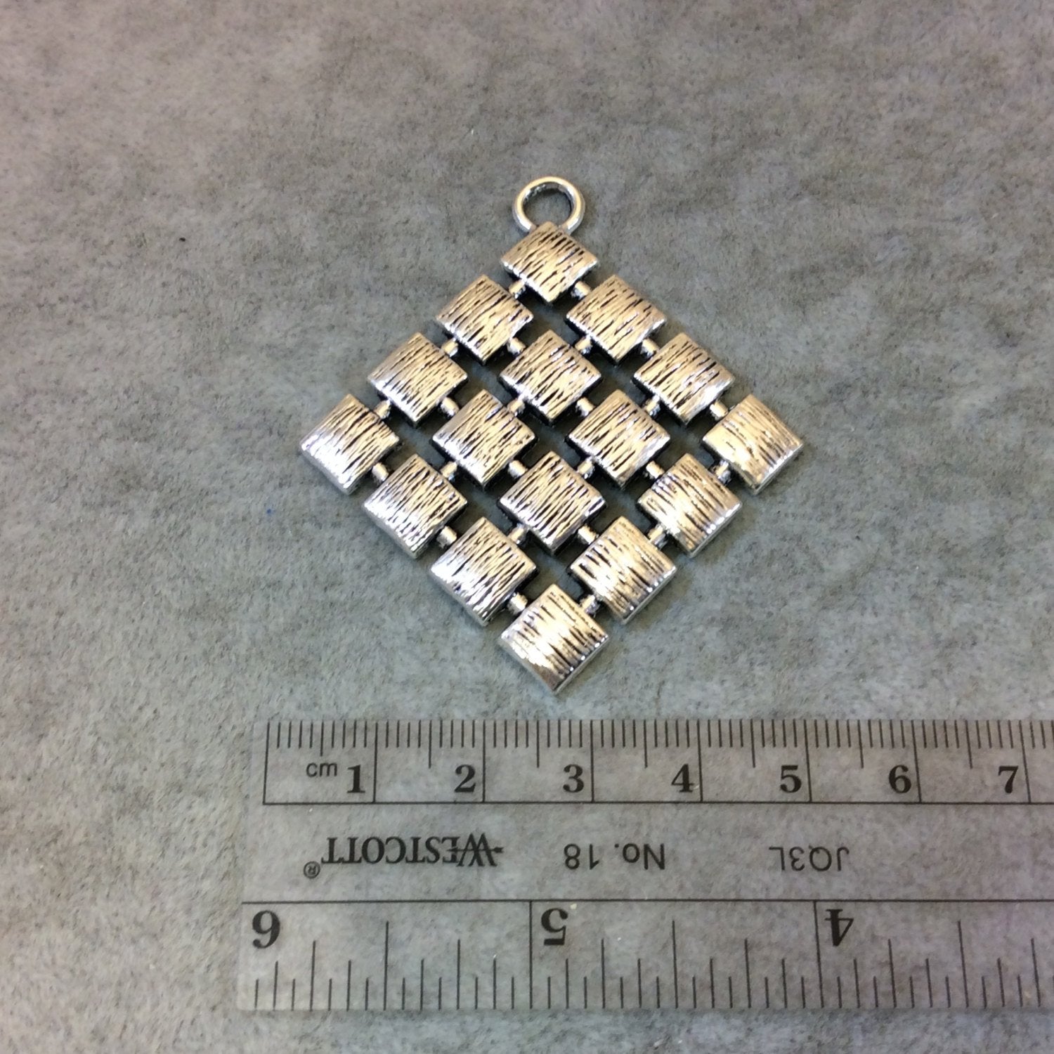 2" Long Tibetan Silver Textured Waffle Patterned Diamond Shape Focal Pendant - Measuring 50mm x 50mm with Attached Ring - Sold Individually