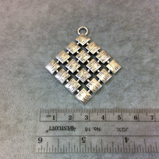2" Long Tibetan Silver Textured Waffle Patterned Diamond Shape Focal Pendant - Measuring 50mm x 50mm with Attached Ring - Sold Individually