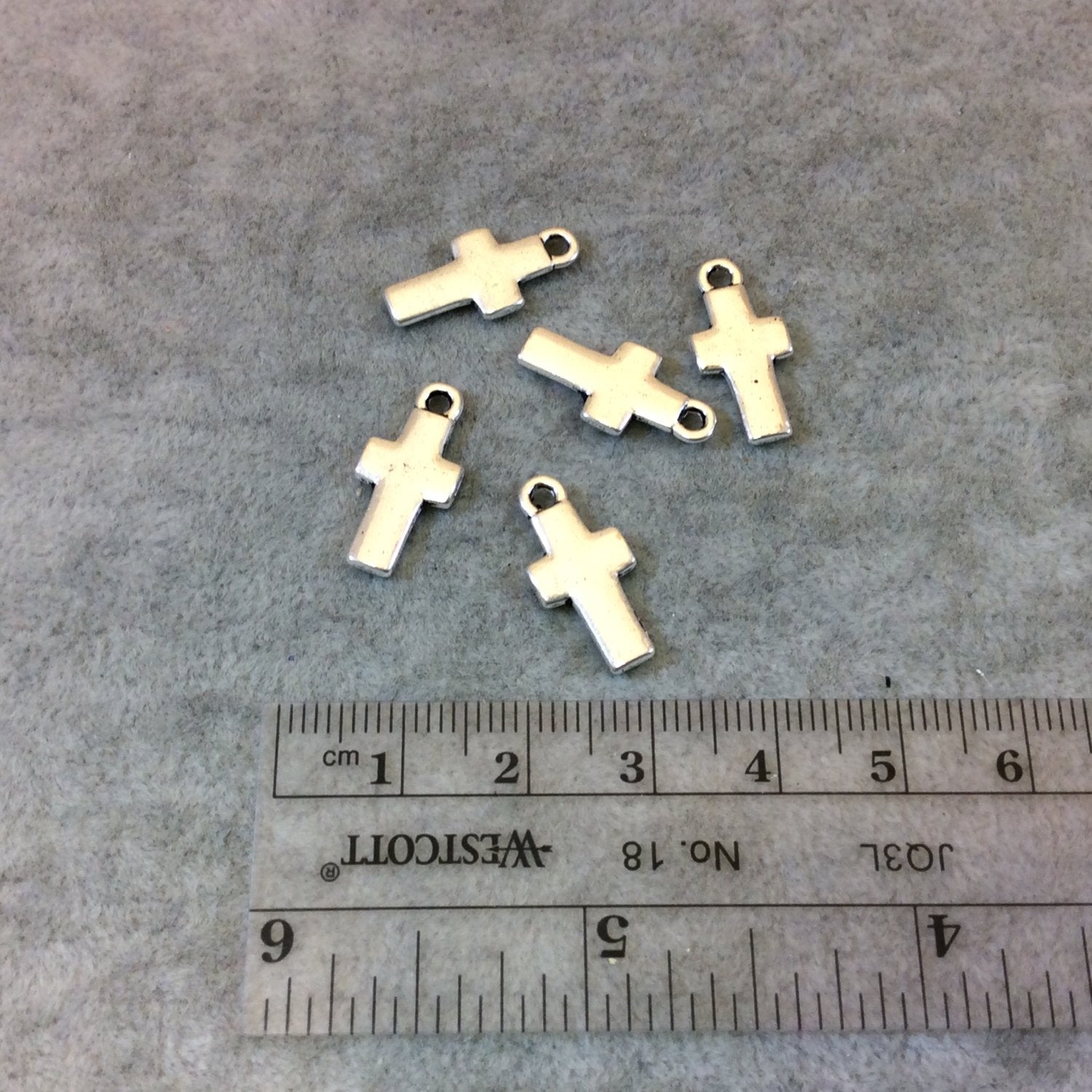 Pack of Five 0.5" Long Tibetan Silver Plain Cross Shaped Focal Charm/Pendant - 9mm x 15mm with Attached Ring - Sold Individually  (A13409)