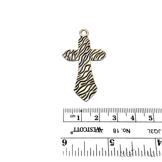 1.5" Long Tibetan Silver Zebra Striped Textured Cross Shaped Focal Pendant - 27mm x 42mm with Attached Ring - Sold Individually (A15308)